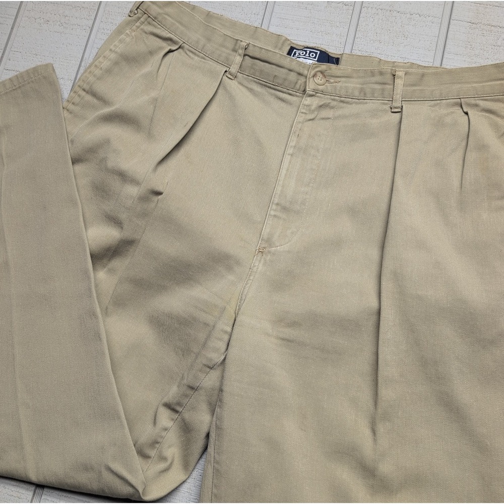 VTG Polo Ralph Lauren Mens 34x34 Khaki Andrew Pant Chinos Pleated Regular Fit